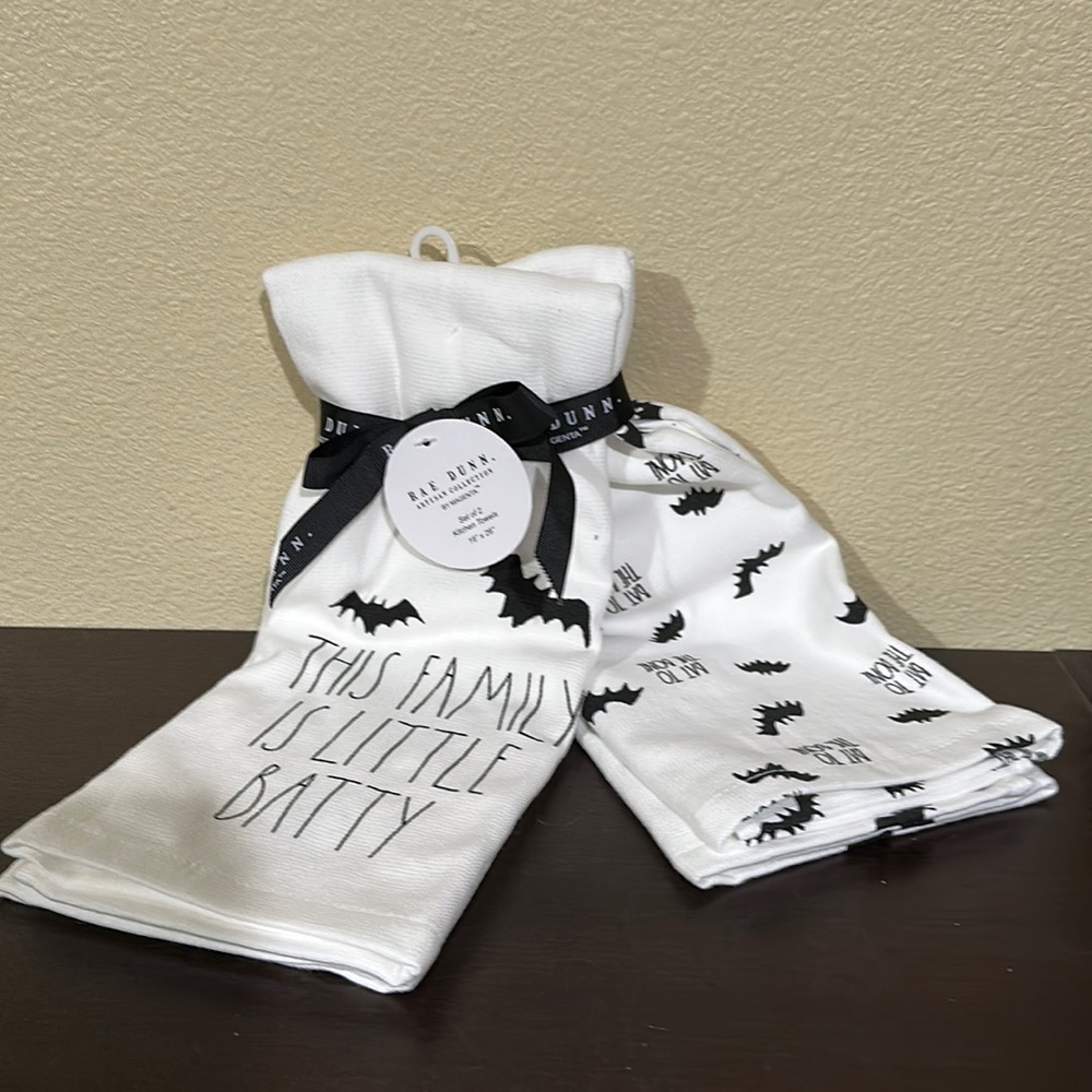 NWT Rae Dunn This Family is Little Batty Halloween kitchen towel set